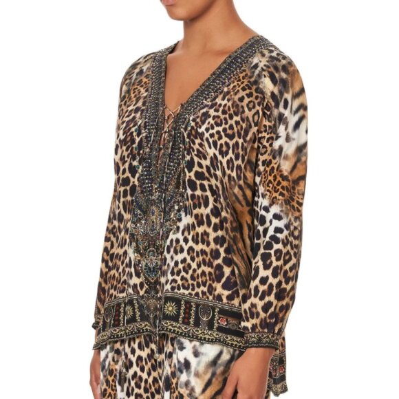 *SOLD* Camilla 'Call Of The Cathedral' Animal-Print Lace-Up Silk Top, Multicolor - Picture 2 of 3